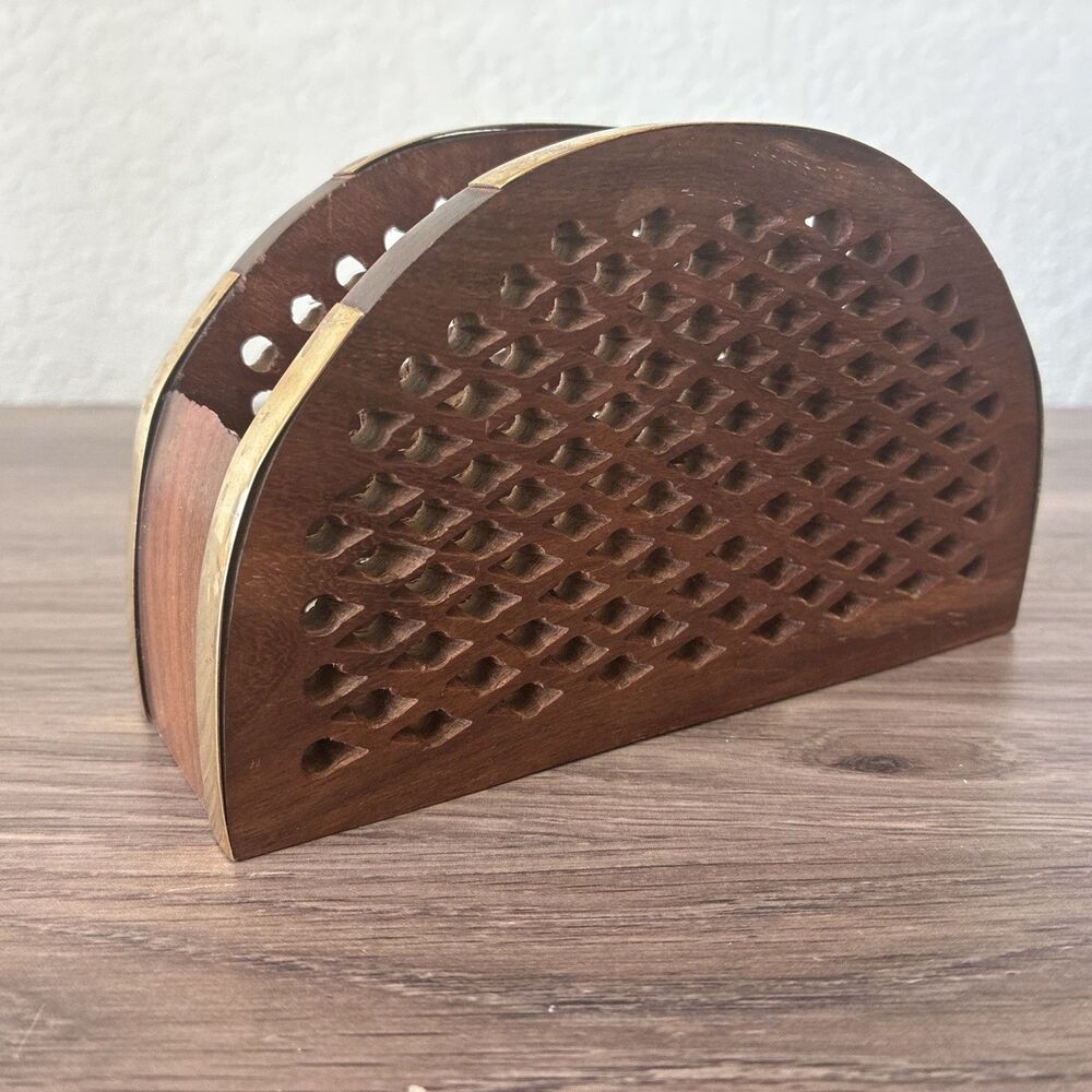 Wood And Metal Cocktail Napkin Holder, Handcarved, Made In India, Brown, Gold